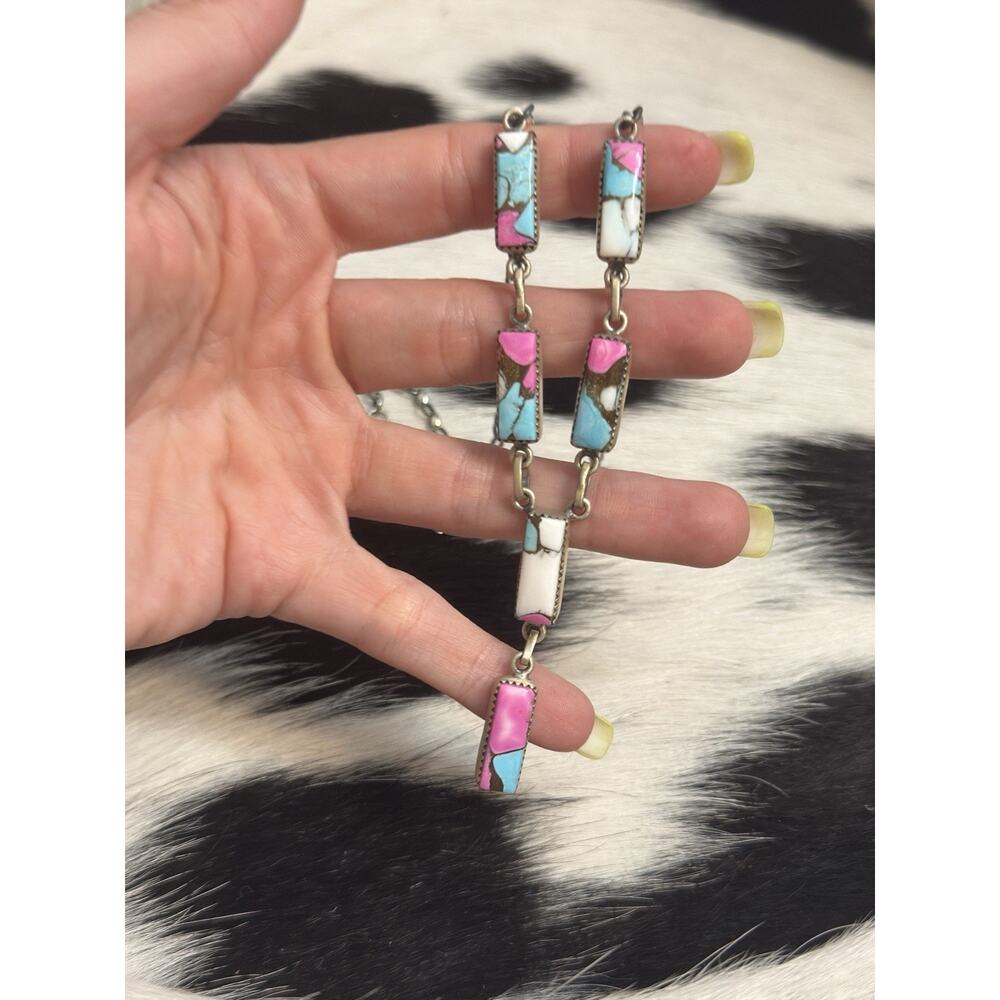 Native American SW Sterling Silver Cotton Candy Turquoise Lariat Necklace